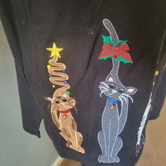 Bechamel Black Oversized Button Down Christmas Cat Cardigan with Bells Size XL - Picture 4 of 15